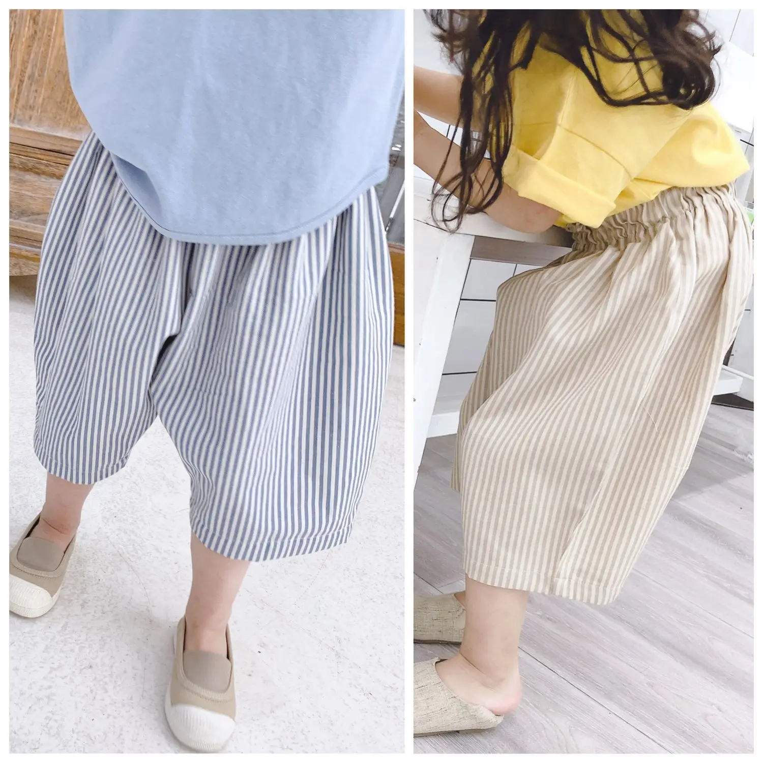 

2019 Children's Summer Clothing New Girls Korean Stripes Middle Pants Kids Children's pants Baby Loose Harem Pants Pure Cotton