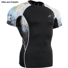 Летний мужской компрессионный базовый слой фитнес колготки с принтом короткий рукав быстросохнущая дышащая горячая Распродажа футболка для бега