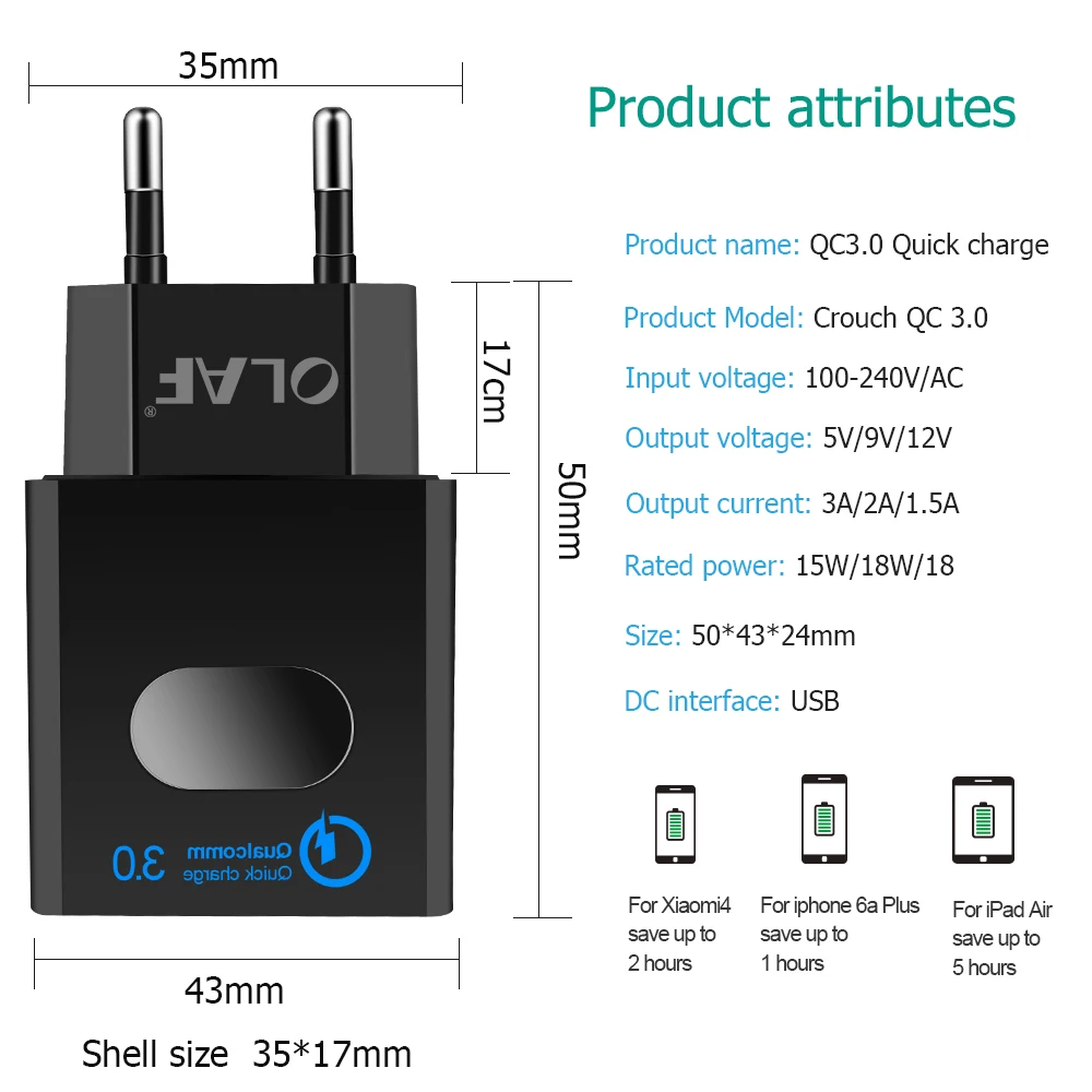 Олаф EU/AU/штепсельная вилка американского стандарта USB Зарядное устройство QC3.0 QC2.0 18 W портативное Сетевое зарядное устройство для huawei P20 Pro Коврики 10 lite P10 мобильного телефона Зарядное устройство s