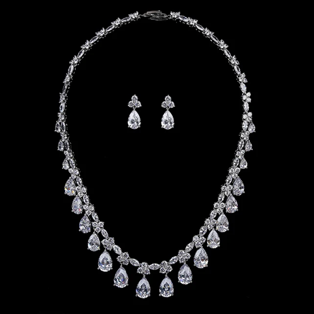 

White Gold Clear Element CZ Crystal Teardrop Bridal Necklace Dangle Earring Jewelry Set