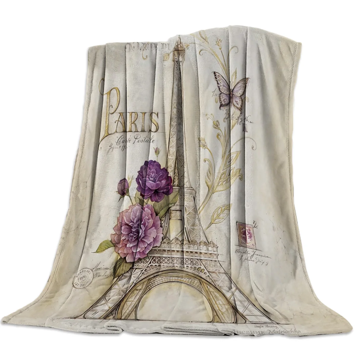 

Retro Butterfly Paris Tower Flowers Throw Blanket Soft Warm Microfiber Blanket Flannel Blanket