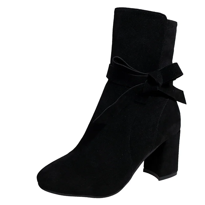 

2019 autumn and winter new Martin boots wild suede high heel bow side zipper thick with women's boots black ljj 0228