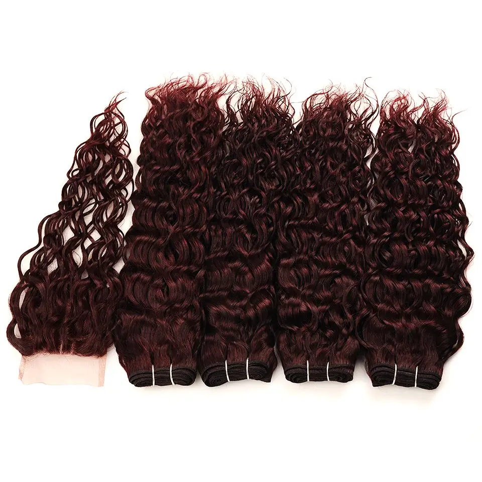 Бразильские волнистые волосы Бургундия 4 пряди с закрытием Pinshair предварительно окрашенные темно-красные человеческие волосы пряди с закрытием не Реми