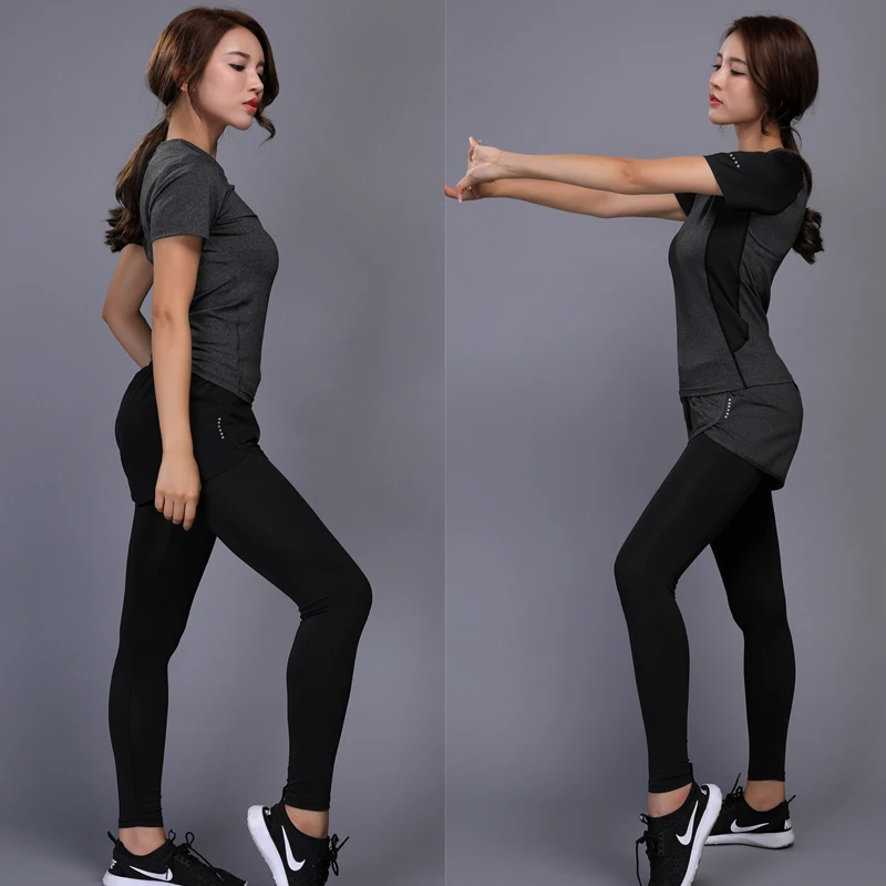 

Women Sport Suit Short Sleeve shirt 2 in 1 Pants Yoga Set Gym Running Set Fitness Leggings Tight Sports Quick Dry Train Clothing