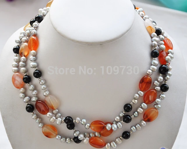 

Jewelr 003259 3row 18" black red agate bead gray rice pearl necklace