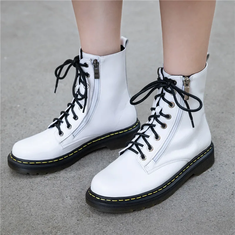 

YMECHIC 2019 Autumn Winter Sewing Lace Up Platform Low Heel Ankle Motorcycle Combat Boots Women White Black Real Leather Shoes