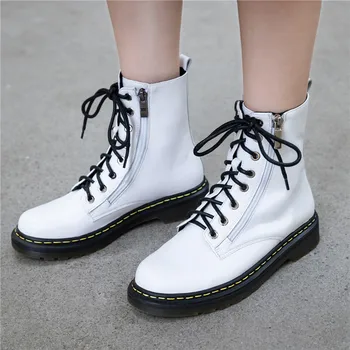 

YMECHIC 2019 Autumn Winter Sewing Lace Up Platform Low Heel Ankle Motorcycle Combat Boots Women White Black Real Leather Shoes
