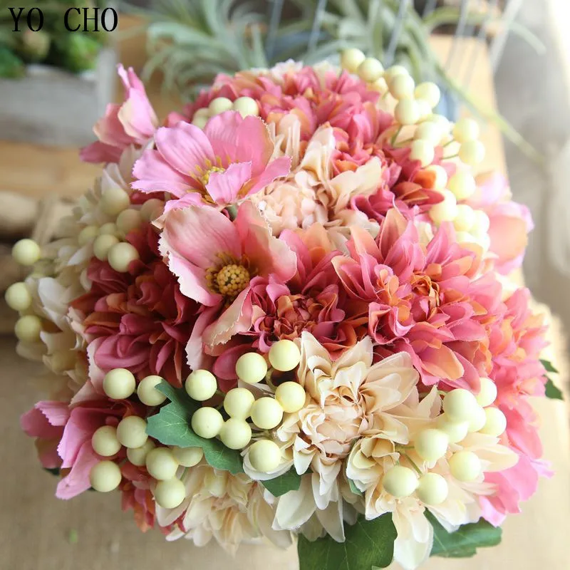 YO CHO Artificial Flowers High Quality Silk Flowers Dahalia Berry Bouquet For Wedding Home Desktop Office Decoration Fake Flower