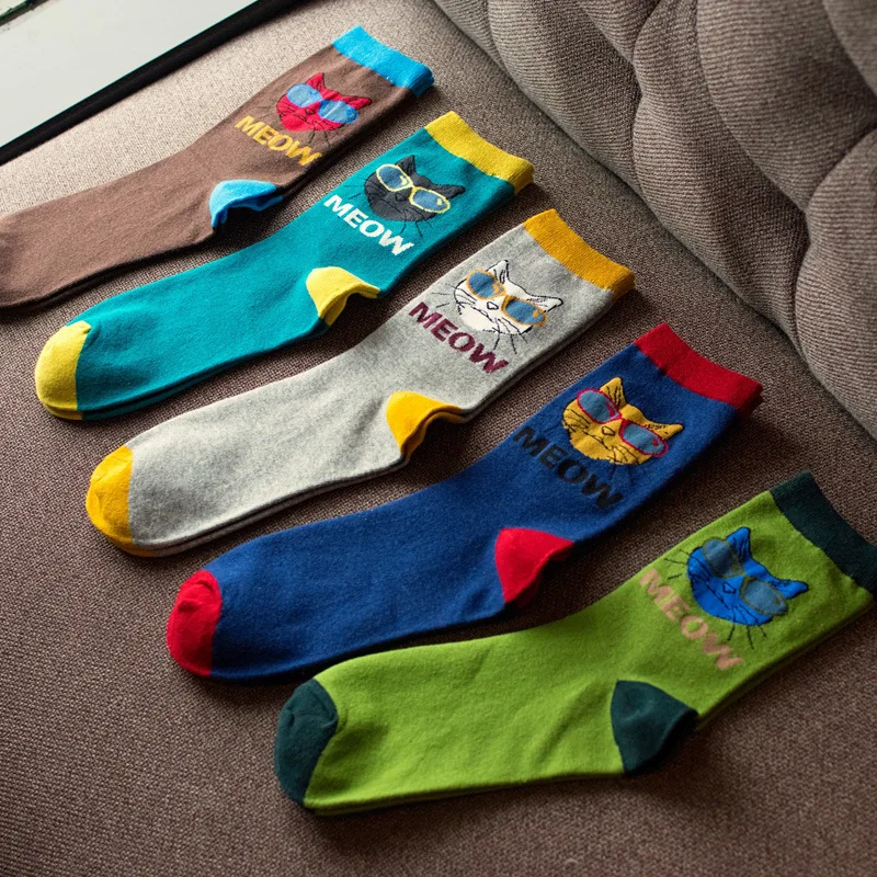 

1 Pair Men Cool Cartoon Sunglasses Cat Casual Short Crew Socks