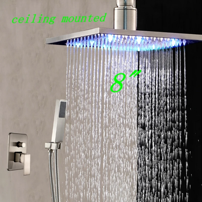 

New Arrival 8" LED Brushed Nickle Celling Mounted Square Shower Head W/ Hand Shower Sprayer