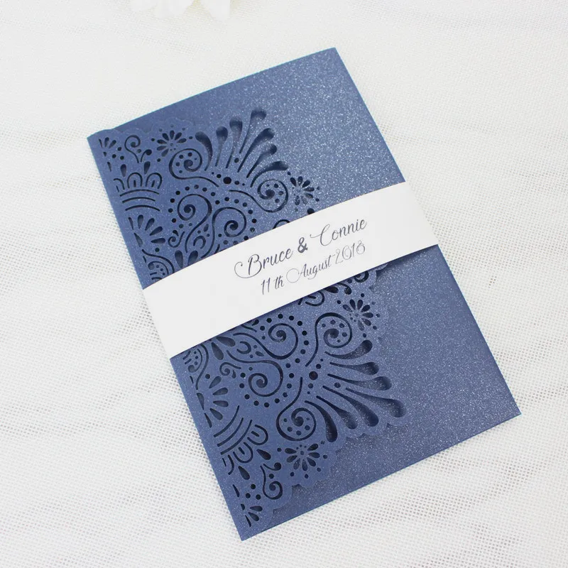 

Rustic marriage invitation card with belly band RSVP card navy blue customized printing tri-folding pocket weeding cards