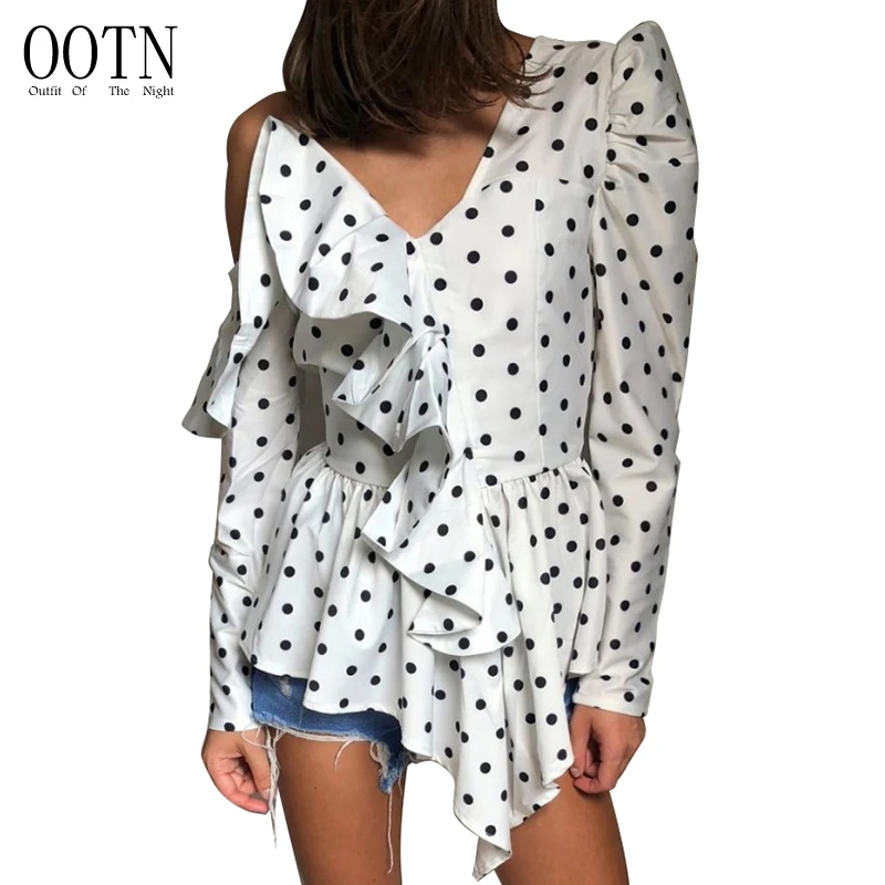 OOTN High Street Black White V Neck One Shoulder Strap Ruffle Polka Dot Blouse 2018 Autumn Winter Puff Sleeve Long |