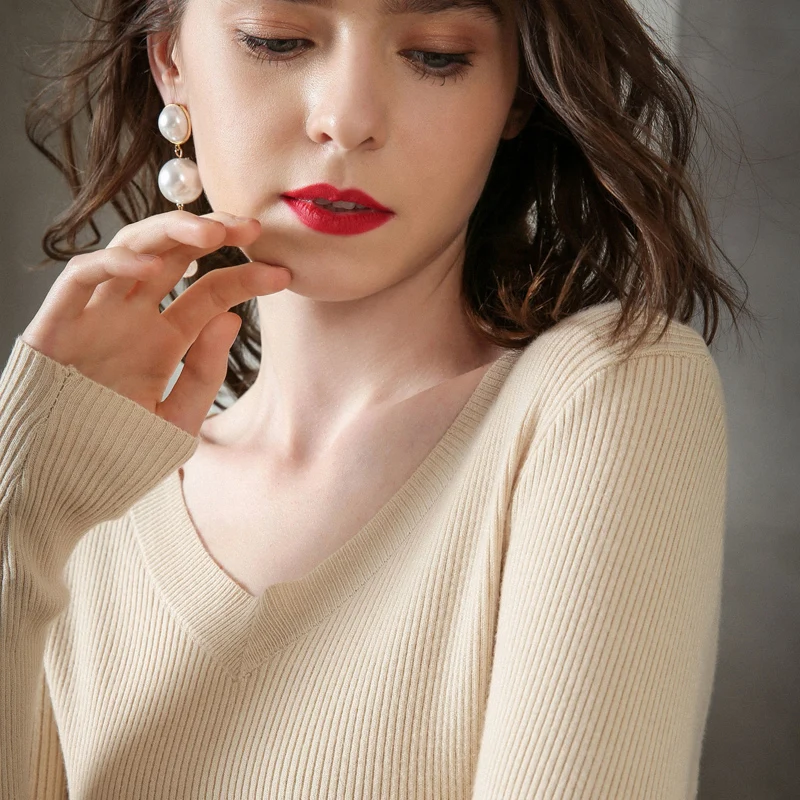 

zocept Knitted Thin Sweater Women V-Neck Autumn Winter Wearing Inside Pullovers High elasticity Slim tops Female Jumper Knitwear