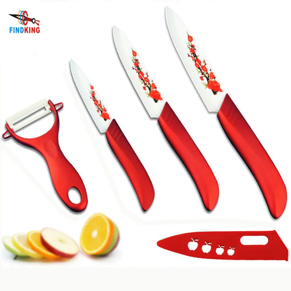 Red Flower Painted Zirconia Ceramic Kitchen Knife Set fruit Kit 3" 4" 5