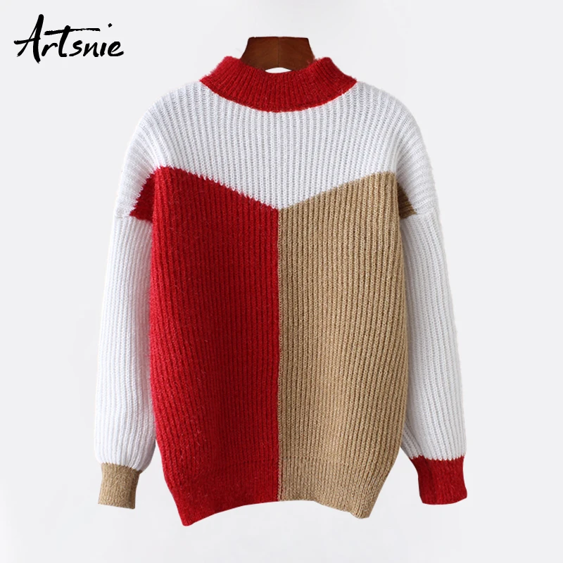 

Artsnie Red Patchwork Casual Knitted Pullovers Women Autumn 2018 O Neck Long Sleeve Sweaters Tricot Sweetwear Pull Femme Jumpers