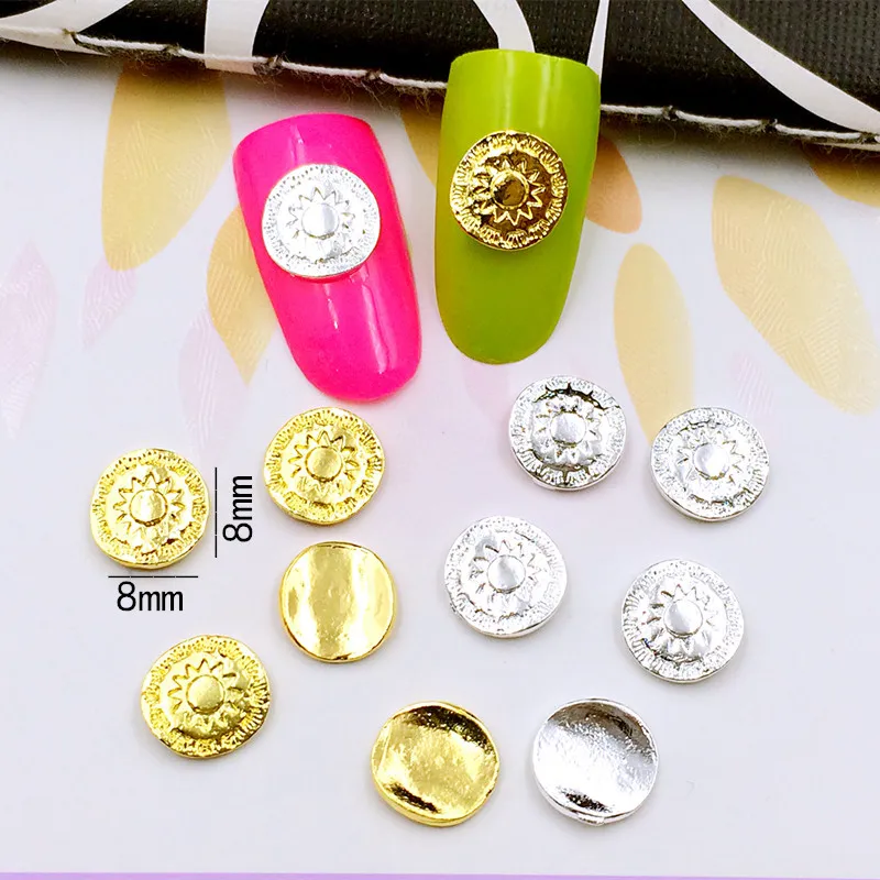 

50Pcs/Lot 8*8mm Gold and Silver Round with Sun Patter 3D DIY Metal Alloy Nail Art Decorations Nail Stickers Jewery Accessories