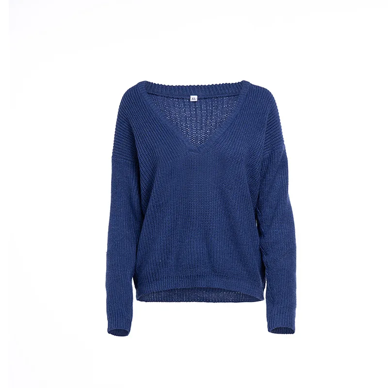 Модный Женский Повседневный вязаный свитер джемпер с глубоким v-образным вырезом Топы с длинным рукавом свободный однотонный пуловер свитер