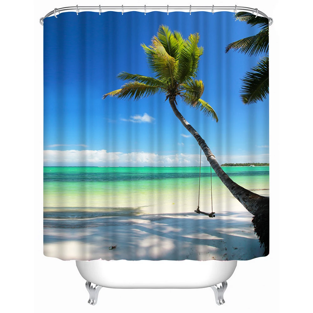 

3D Waterproof Shower Curtain Beach/Pebble/Bamboo/Tiger Print Polyester Bathroom Curtain with Hooks