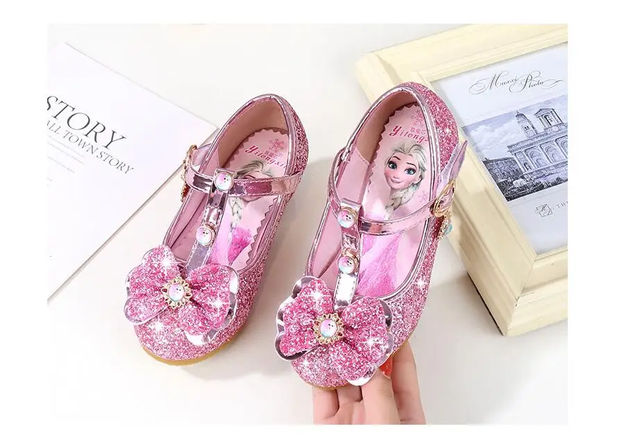 Sapatos de Casamento Sandálias de Salto Sapatos de Festa Moda com Arco Meninas Brilhar Nova Marca Alto Crianças Elsa Princesa Crianças Dança da 12 Meninas sapatos de casamento glitter nova marca