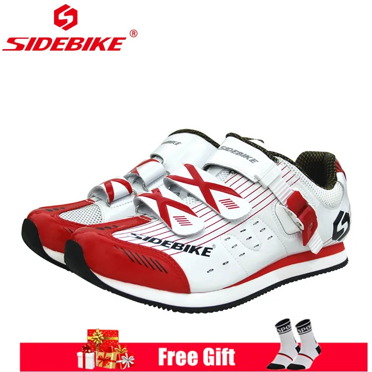 Sidebike/Мужская и женская обувь для велоспорта; нескользящая плоская резиновая подошва; обувь для шоссейного велосипеда; спортивные кроссовки на липучке - Цвет: white red