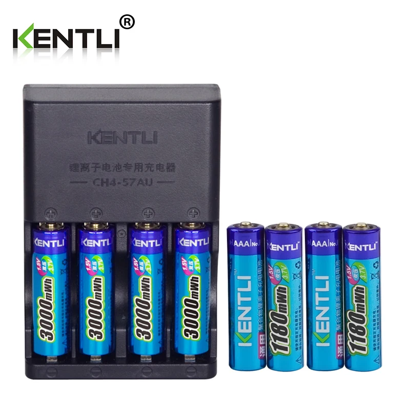 Koop KENTLI 8 pcs 1.5 v aa aaa batterijen Oplaadbare Li polymer Lithium batterij + 4 slots AA AAA lithium li ion Smart Charger