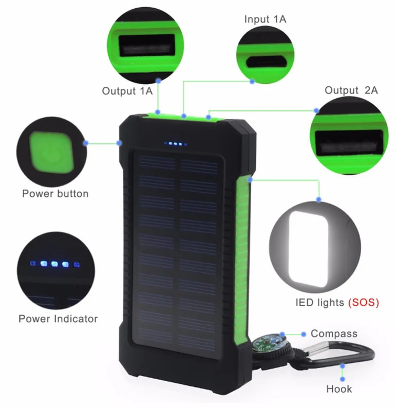 

Solar Power Bank Waterproof 30000mAh Solar Charger Ports External Charger with LED Light Real 10000mah power bank