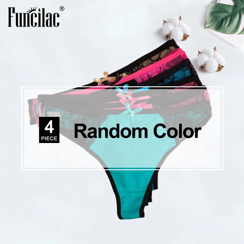 Random color--4 Pcs Сексуальные стринги для женщин, хлопковое нижнее белье, кружевные стринги, прозрачные трусики, трусы, женское нижнее белье, 4 шт./партия, FUNCILAC - Цвет: Random color--4 Pcs