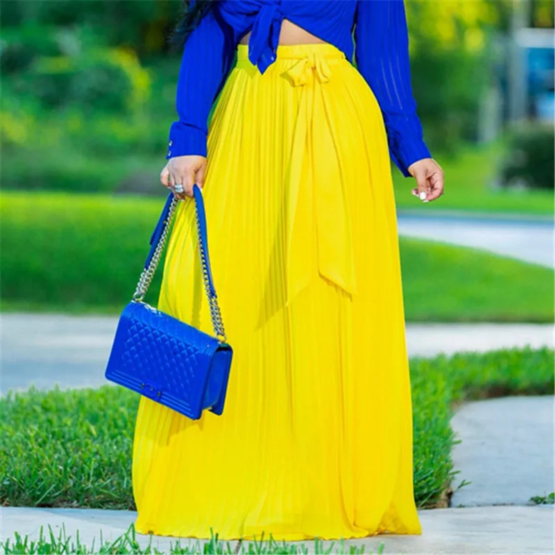 

Women Double Layer Chiffon Pleated Skirts Lace-up Retro Long Maxi Skirt High Waist Skirts Hot Sale Beach Long Maxi Pure Skirts