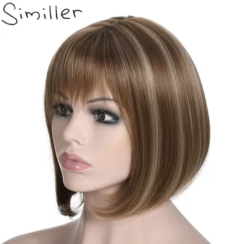 

Similler Women Yaki Straight Short Bob Afro Wigs With Flat Bangs Highlights Synthetic Hair