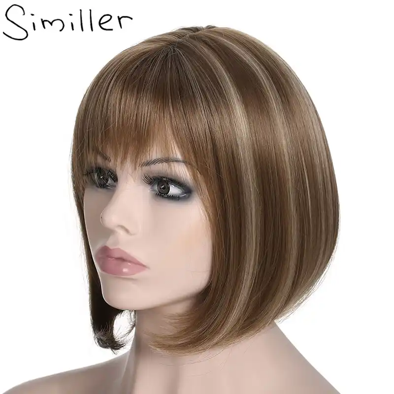 Similler Women Yaki Straight Short Bob Afro Wigs With Flat Bangs
