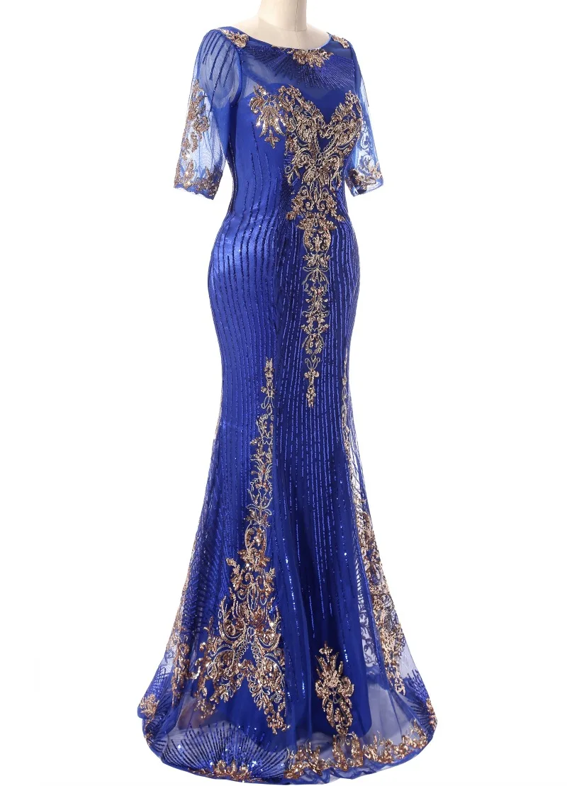 Royal Blue Evening Gown Gold Shiny Bead Piece Evening Dress Formal Mermaid Long Robe De Soiree Special Occasion Dresses ES2607