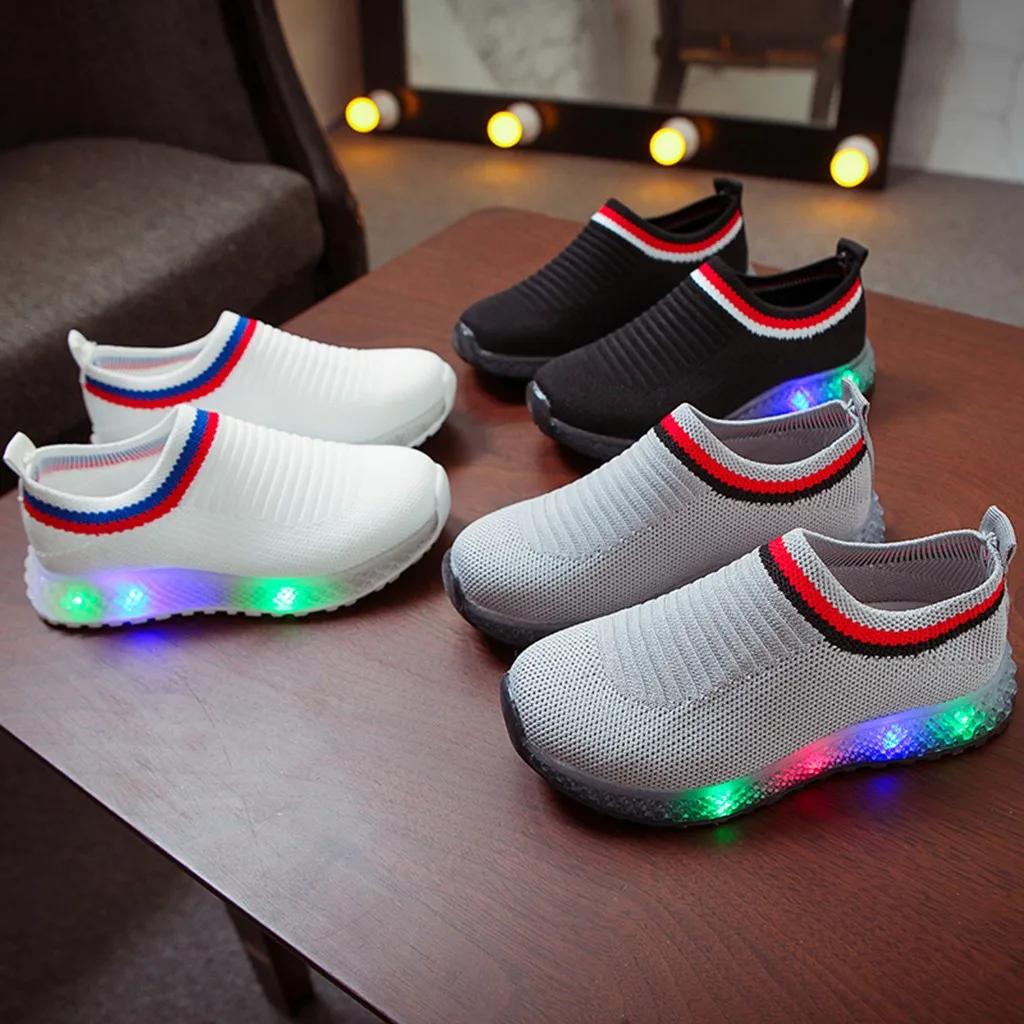 Kids Baby Boys Girls Embroidery Sport Running LED Luminous Mesh Shoes Sneakers T 