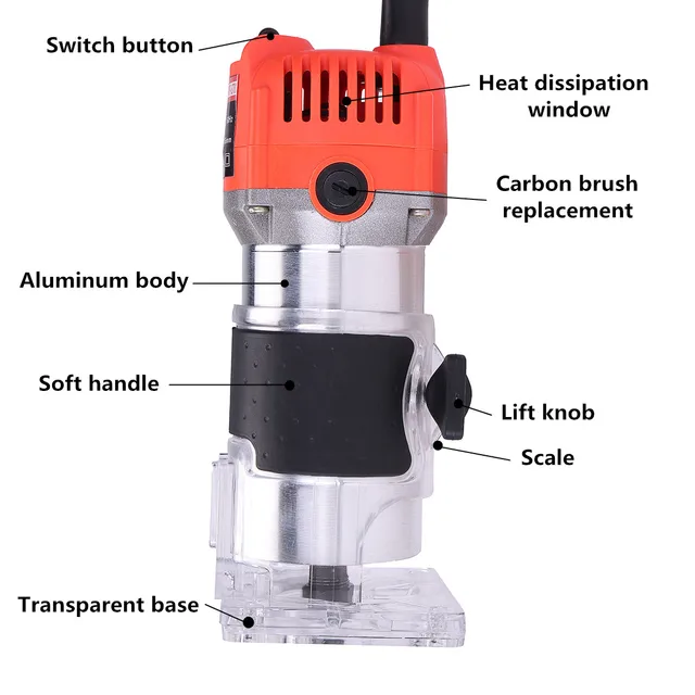 110V 750W 1/4″ 60HZ 30000r/min Corded Electric Hand Trimmer Wood Laminator Router Joiners Tools External Carbon Brush Lift Knob