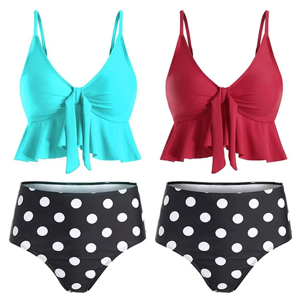 Women Print Fashion Ruffle High Waisted Bikini Bottom Sleeveless Tankini Set V Neck Casual Swimwear |