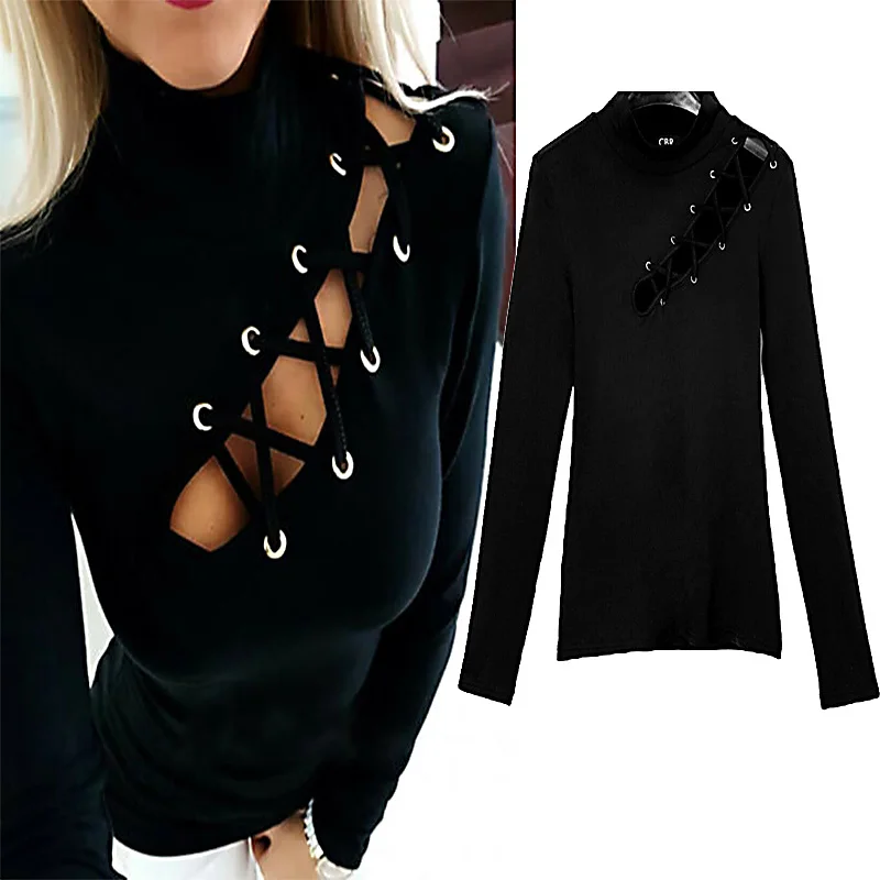 

Women's Lace-Up Eyelet Hollow Out T-Shirt Ladies Long Sleeve Slim Fit Tops