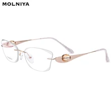 Горячая B чистый титан без оправы очки рамки для женщин рецепт Кристалл кошачий глаз очки Близорукость Оптические Оправы леди овальные очки