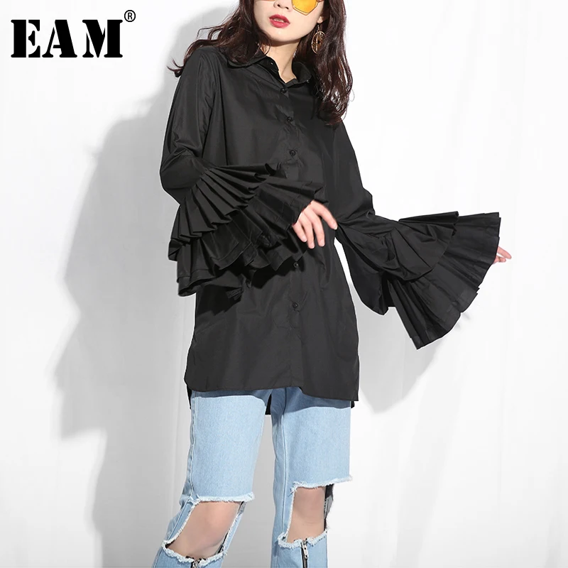 

[EAM] 2019 New Autumn Winter Lapel Long Sleeve Black Cuff Pleated Ruffles Stitch Loose Shirt Women Blouse Fashion Tide T16201