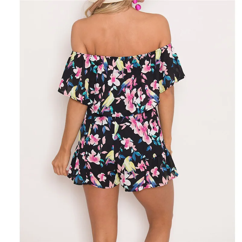 Fashion summer jumpsuit woman 2018 Off Shoulder Floral Bird Print Mini Playsuit Ladies Shorts Bodysuit pantaloni siamesi J21#N (4)