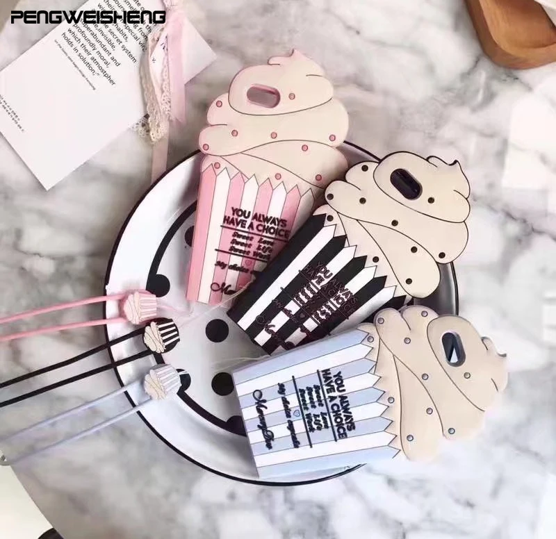 Coque For iPhone 6s 6 3D Icecream Rubber Case For iPhone 7 7 Plus with String AntiDrop Cases For iPhone 6 6s Plus