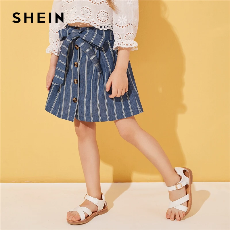 

SHEIN Kiddie Toddler Girls Button Front Navy Striped Casual Skirt With Belt Kids 2019 Summer High Waist A Line Cute Skirts
