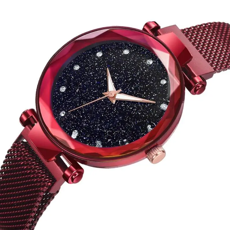 Женские сетчатые магнитные пряжки, звездное небо, женские часы на ремешке, пластиковый корпус, кварцевые наручные часы, Relogio Feminino - Цвет: Red