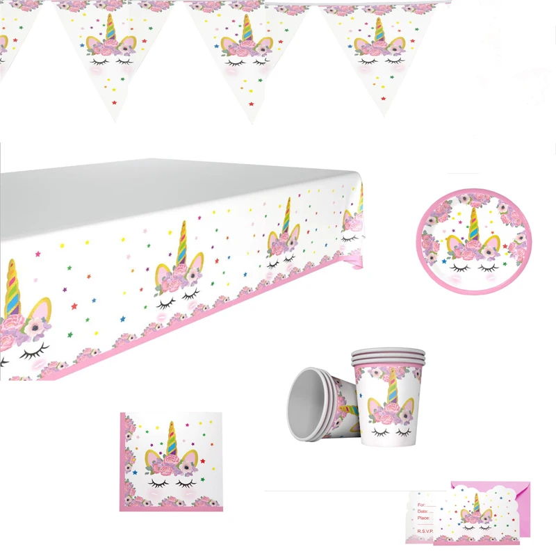 

Unicorn Disposable Tableware Set Unicorn Party Decor Tablecloth/Cup/NapkinPlates/Straws/Banner/Bag/Hat/Mask Kids Birthday Suppli