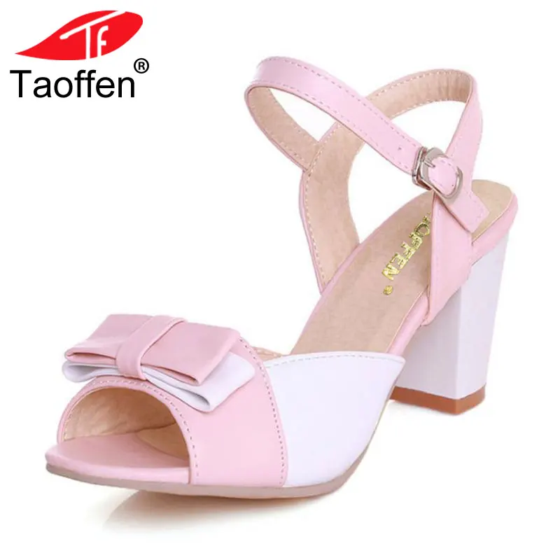 

TAOFFEN Size 32-47 Women High Heel Sandals Shoes Woman Mixed Color Peep Toe Bowknot Ladies Bow Women Dress Sweet Shoes PA00707