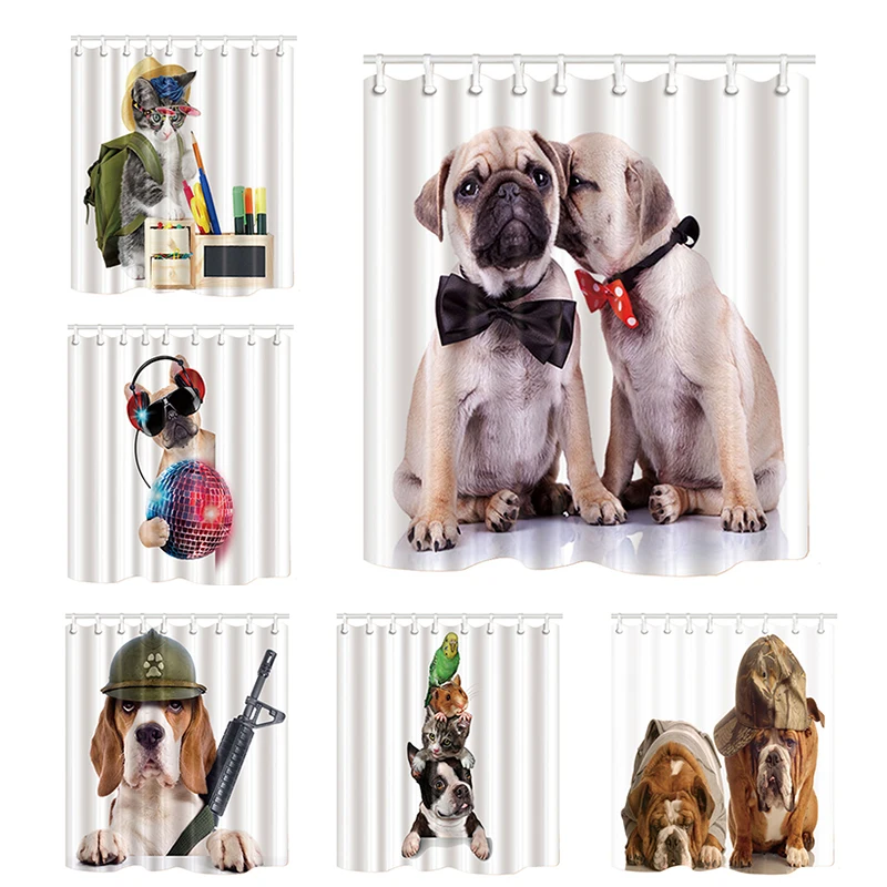Home Decoration Shower Curtains Funny Dog and Cat Printing Bath Screens