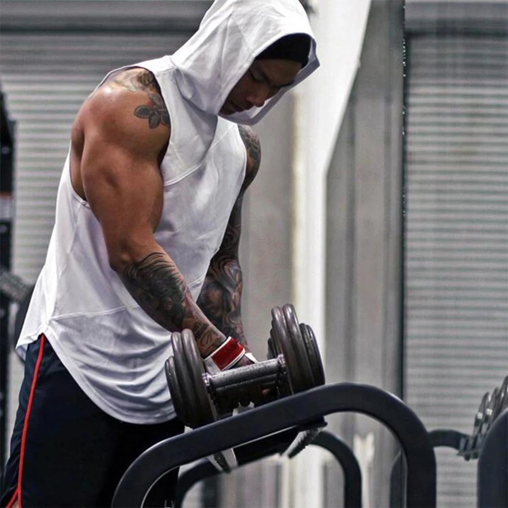 

NEW Men's Fitness Hoodies Top Three-section stitching Workout Cotton hooded sleeveless vests Bodybuilding Gyms Fit Sweatshirts