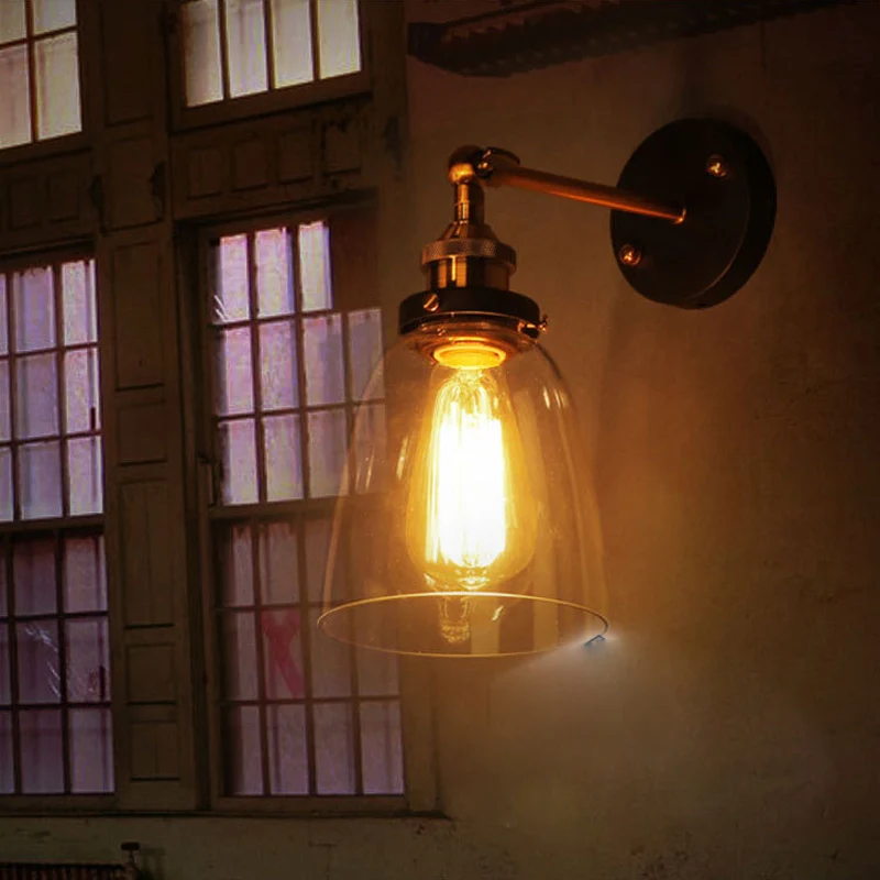 American loft retro antique clear glass lampshade wall lamp vintage E27 Edison bedroom decoration brass iron adjustable LED lamp