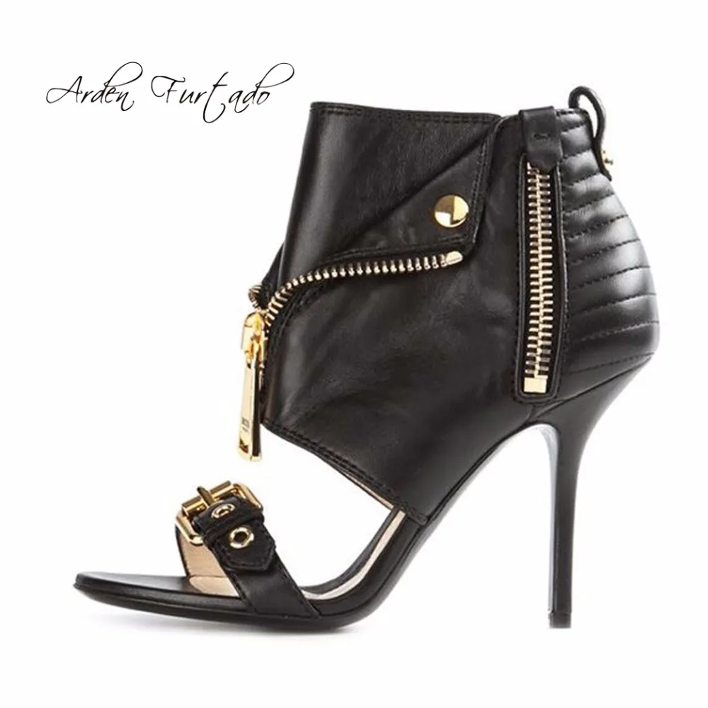 

Arden Furtado 2019 summer boots sexy high heels zipper cover heel open toe casual buckle gold red sandals plus size shoes woman