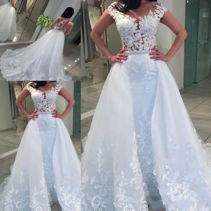 

Vestido De Noiva Cap Sleeve Mermaid Wedding Dress Detachable Train Wedding Dresses Illusion Bridal Gowns Sexy Lady