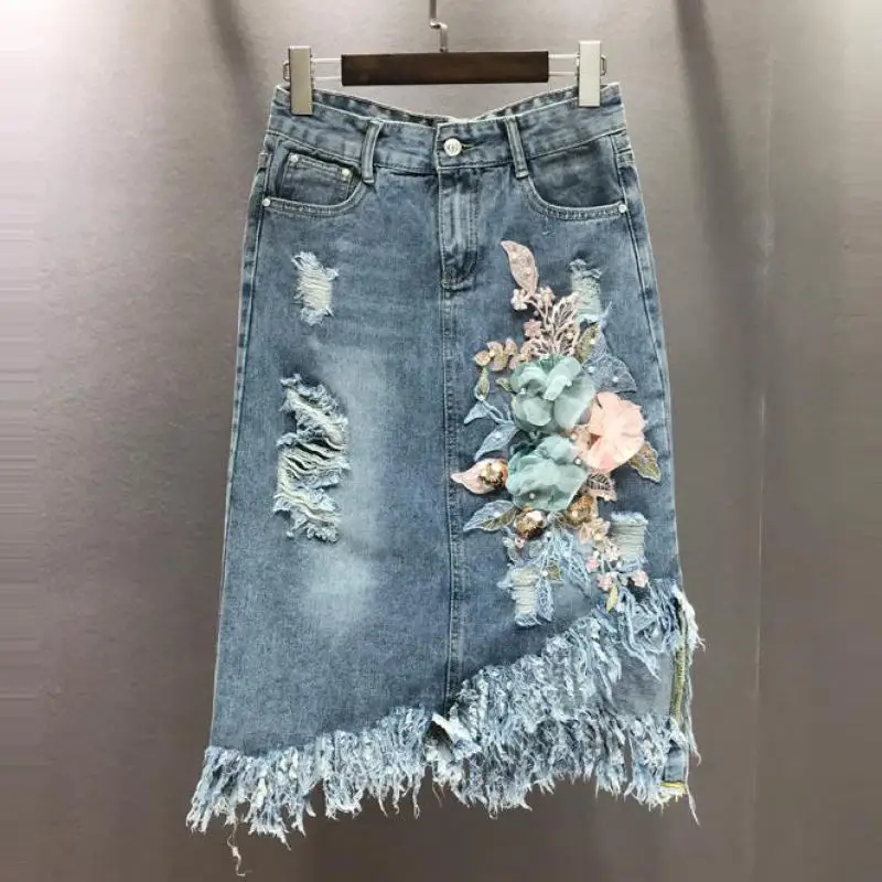 

Summer Fashion Women Ripped Tassel Embroidery High Wasited Irregular Denim Skirt , Woman Elastic Flower Beading Jeans Skirts