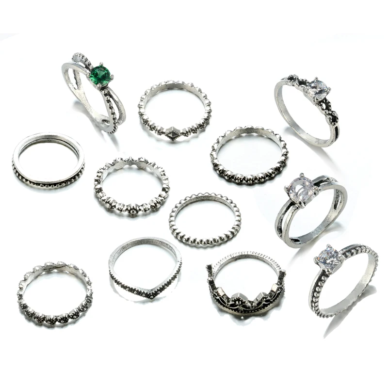 Tocona античное серебро кольцо с зеленым кристаллом комплект нижнего белья с открытой резьбы корона кольца костяшки для Для женщин кольцо ювелирных изделий заявлением 12 шт./компл. 5950